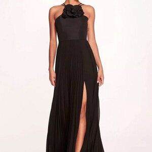 Marchesa Notte Black Flower Detail Pleated Gown